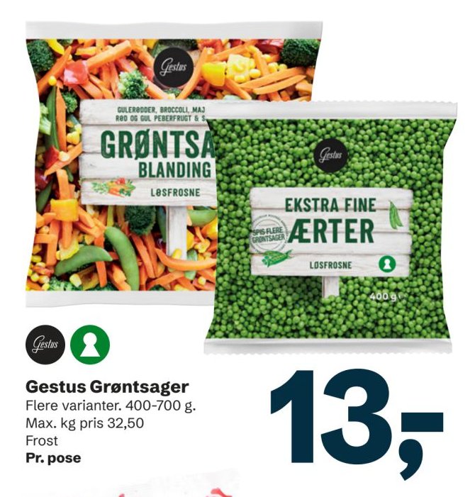 Gestus Grøntsager Flere varianter. 400-700 g. Max. kg pris 32,50 Frost Pr. pose – LET-KØB