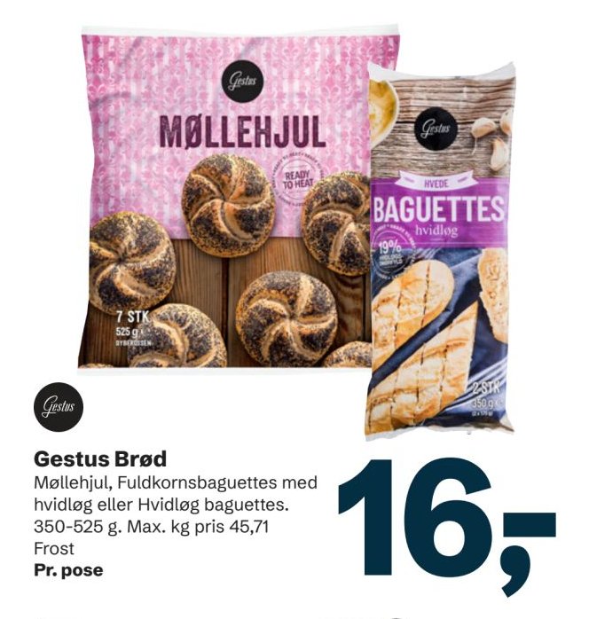 Gestus Brød Møllehjul, Fuldkornsbaguettes med hvidløg eller Hvidløg baguettes. 350-525 g. Max. kg pris 45,71 Frost Pr. pose – LET-KØB