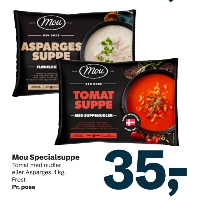 Mou Specialsuppe Tomat med nudler eller Asparges. 1 kg. Frost Pr. pose – LET-KØB