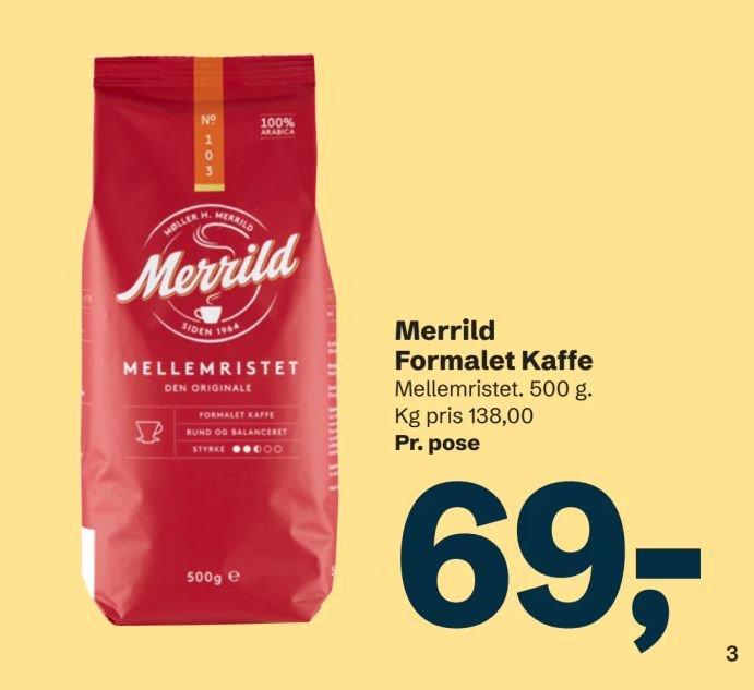 Merrild Formalet Kaffe Mellemristet. 500 g. Kg pris 138,00 Pr. pose – LET-KØB