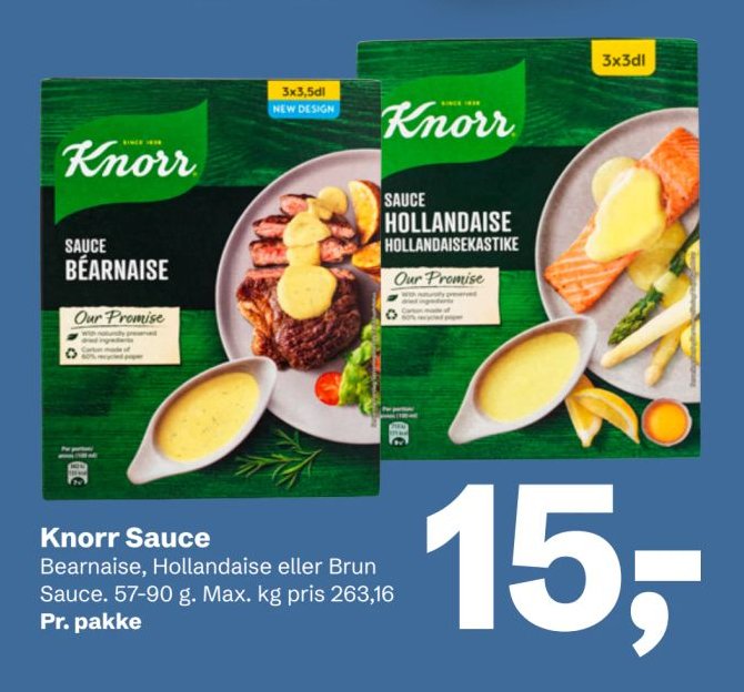 Knorr Sauce Bearnaise, Hollandaise eller Brun Sauce. 57-90 g. Max. kg pris 263,16 Pr. pakke – LET-KØB