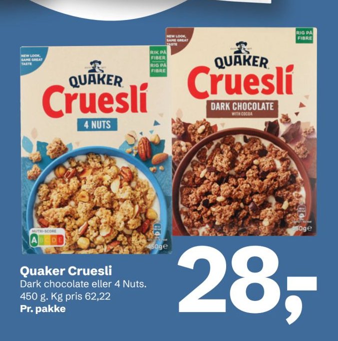 Quaker Cruesli Dark chocolate eller 4 Nuts. 450 g. Kg pris 62,22 Pr. pakke – LET-KØB