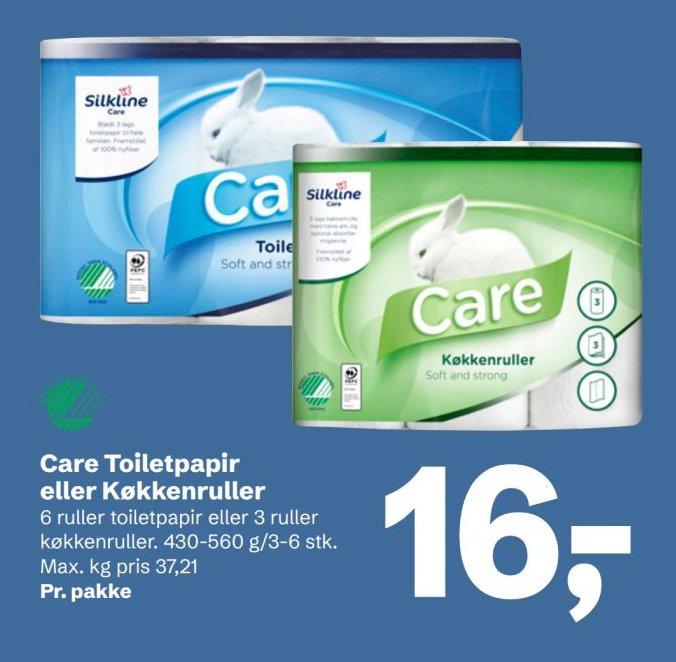 Care Toiletpapir eller Køkkenruller 6 ruller toiletpapir eller 3 ruller køkkenruller. 430-560 g/3-6 stk. Max. kg pris 37,21 Pr. pakke – LET-KØB