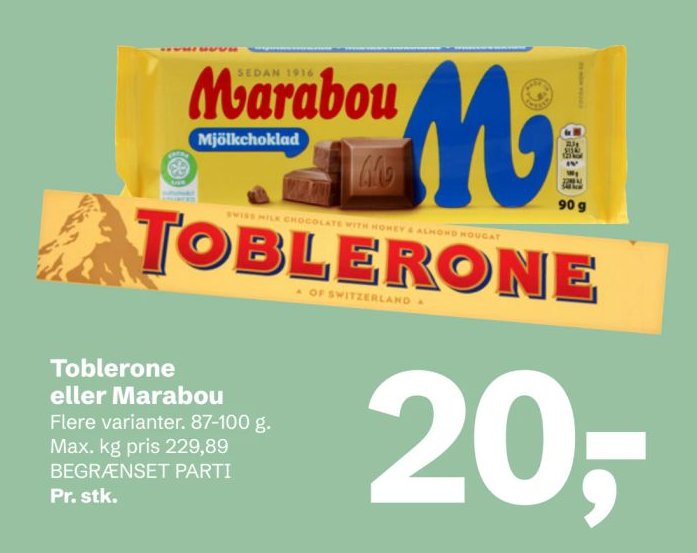 Toblerone eller Marabou Flere varianter. 87-100 g. – LET-KØB