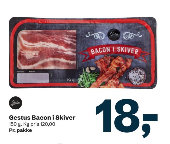 Gestus Bacon i Skiver 150 g. Kg pris 120,00 Pr. pakke – LET-KØB
