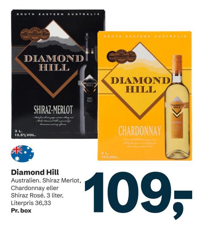Diamond Hill Australien. Shiraz Merlot, Chardonnay eller Shiraz Rosé. 3 liter. Literpris 36,33 Pr. box – LET-KØB