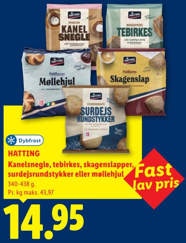 HATTING Kanelsnegle, tebirkes, skagenslapper, surdejsrundstykker eller møllehjul – Lidl
